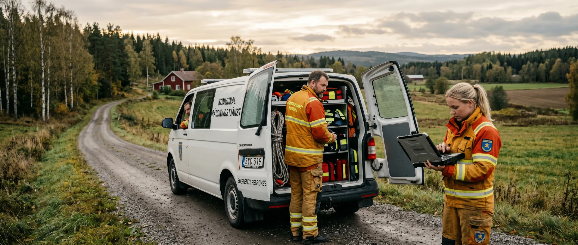 Kommunal räddningstjänst med fordon och utrustning på landsväg