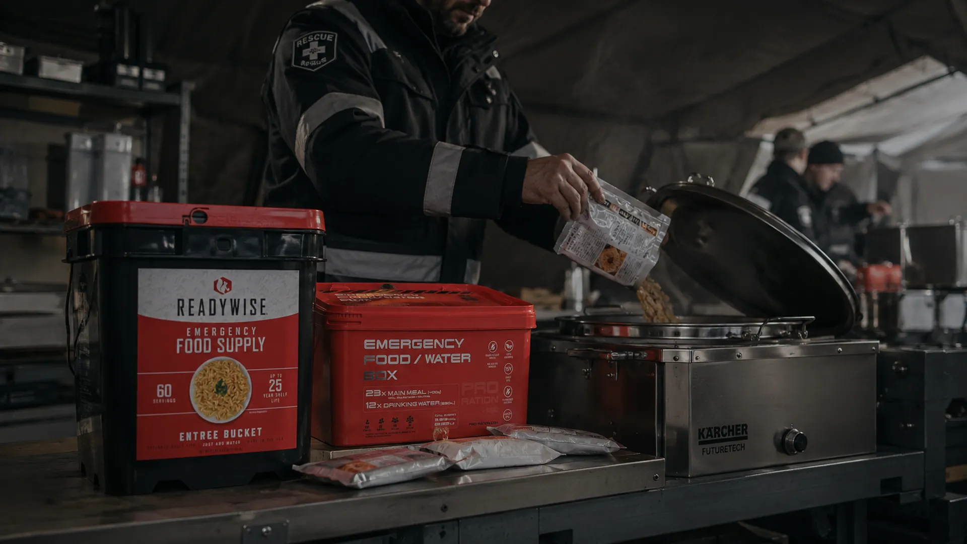 Räddningspersonal bereder beredskapsmat och nödvatten i fältkök
